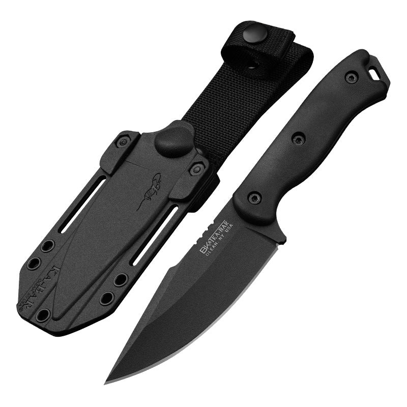 Black folding knife with sheath on a white background