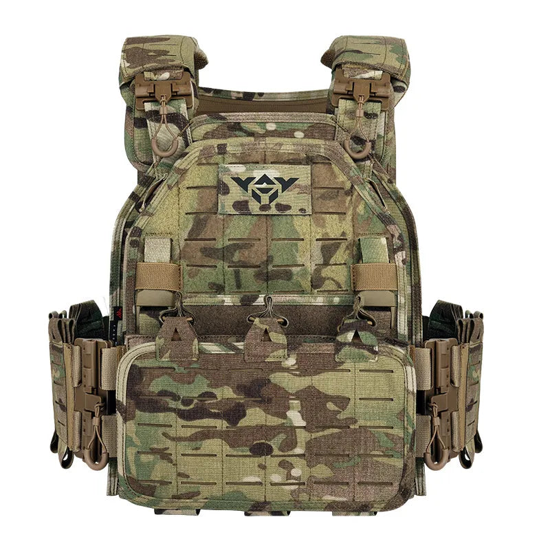 Camouflage tactical vest with multiple pouches and straps on a white background