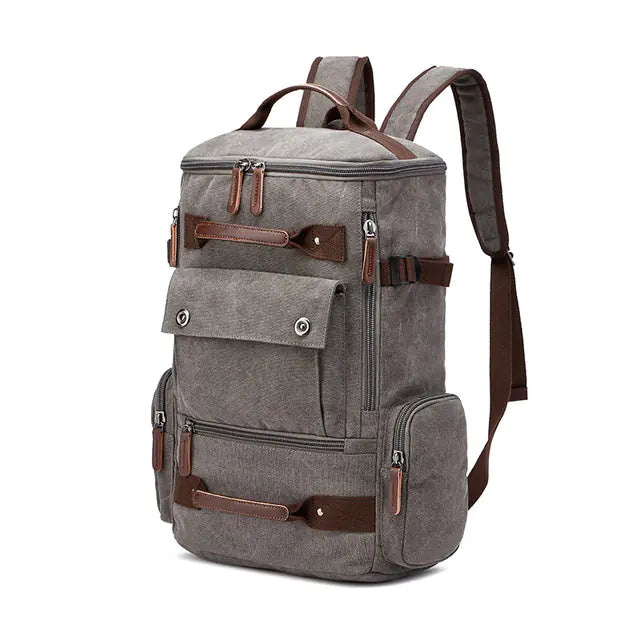 Gray backpack with brown accents on a white background