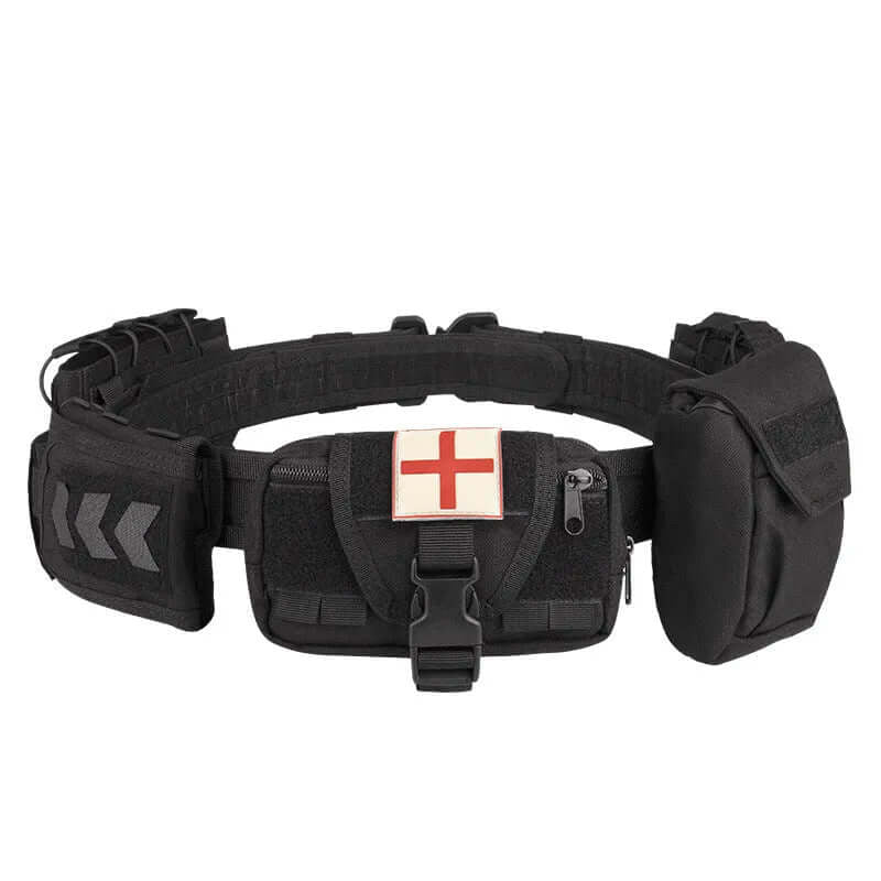 Black tactical belt with pouches and a red cross patch on a white background, featuring the Yakeda brand.