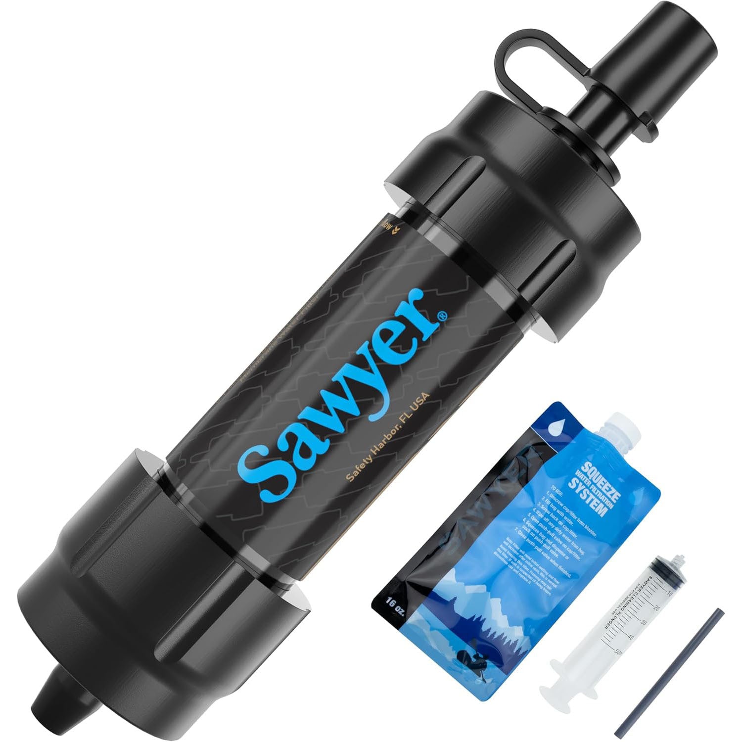 Sawyer water filter with accessories on a white background