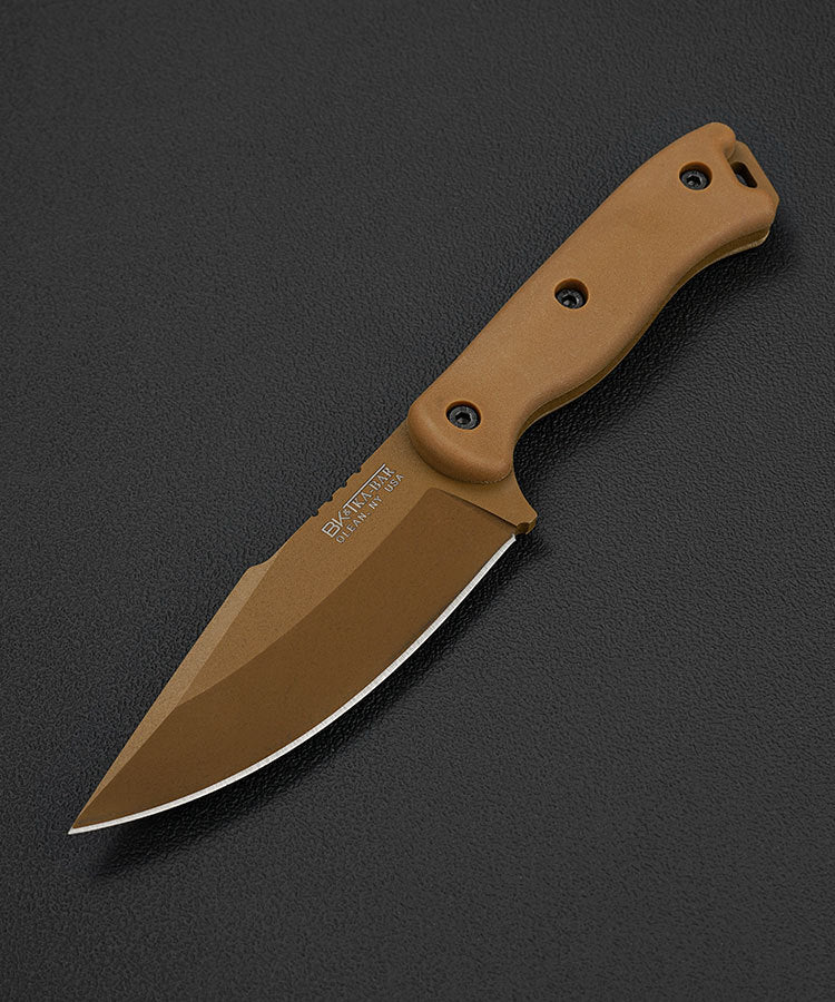 Brown knife with a tactical design on a dark gray background