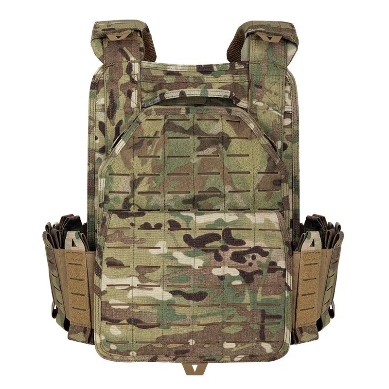 Camouflage tactical vest with multiple pouches on a white background
