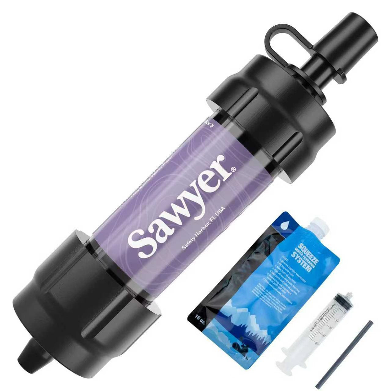 Sawyer water filter system with additional components on a white background