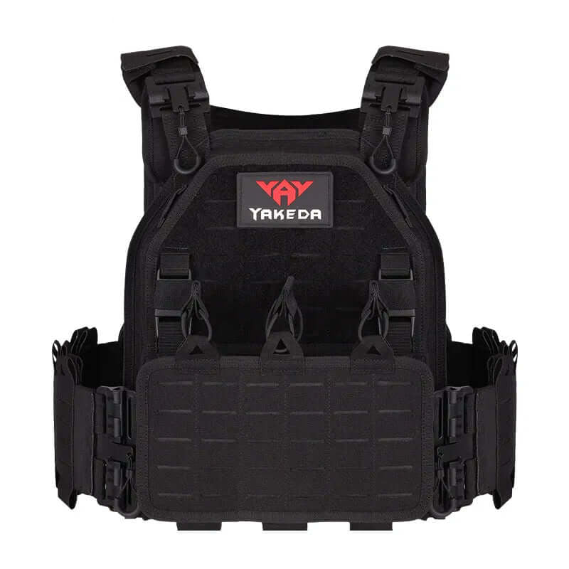 Black tactical vest with Yakeda logo on a white background