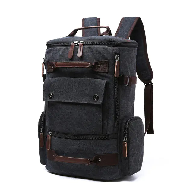 Gray backpack with brown accents on a white background