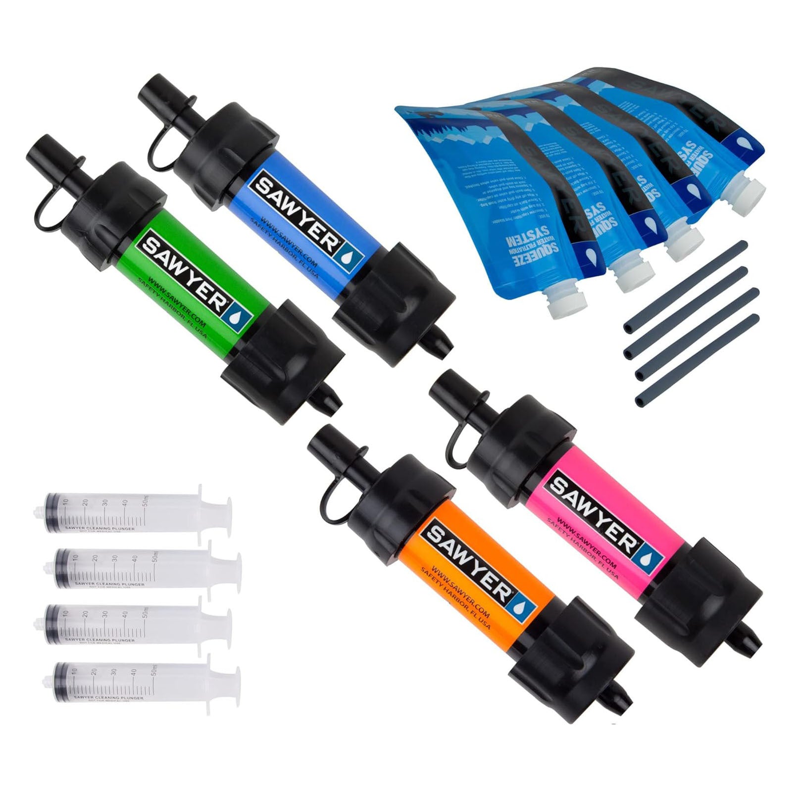 Sawyer water filter system with multiple colored filters and accessories on a white background