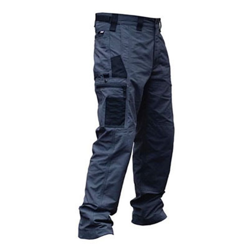 Dark gray tactical pants with multiple pockets on a white background
