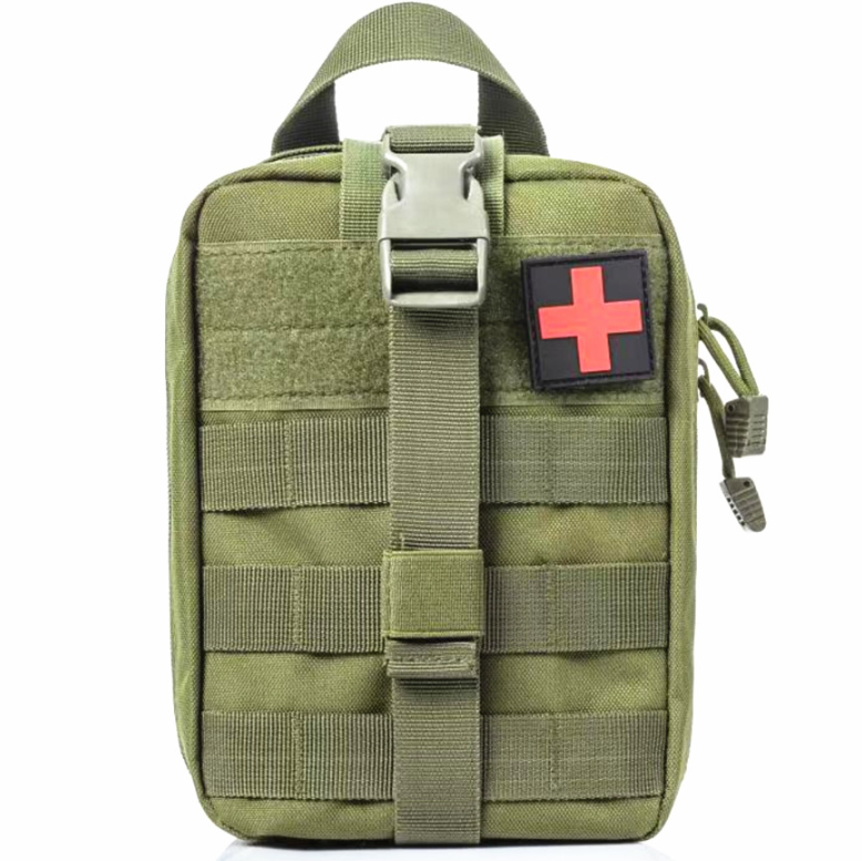 Green tactical pouch with a red cross patch on a white background