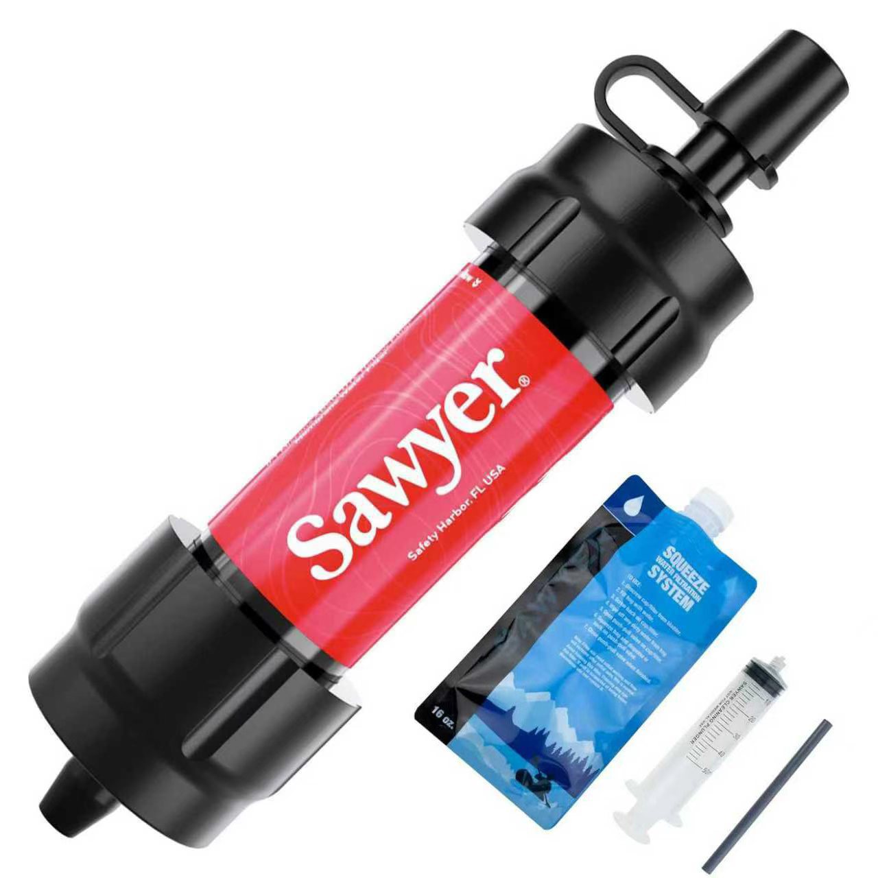 Sawyer water filter with additional components on a white background