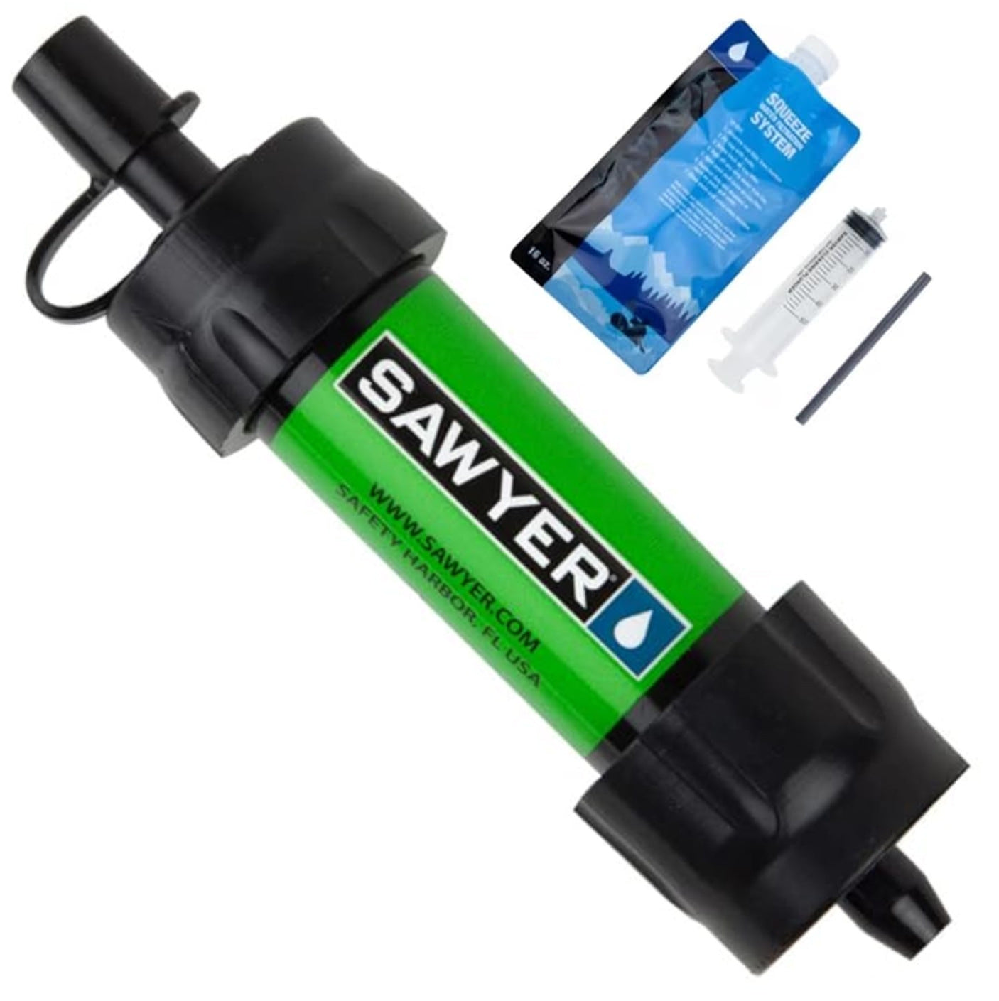 Sawyer water filter system with packaging and syringe on a white background