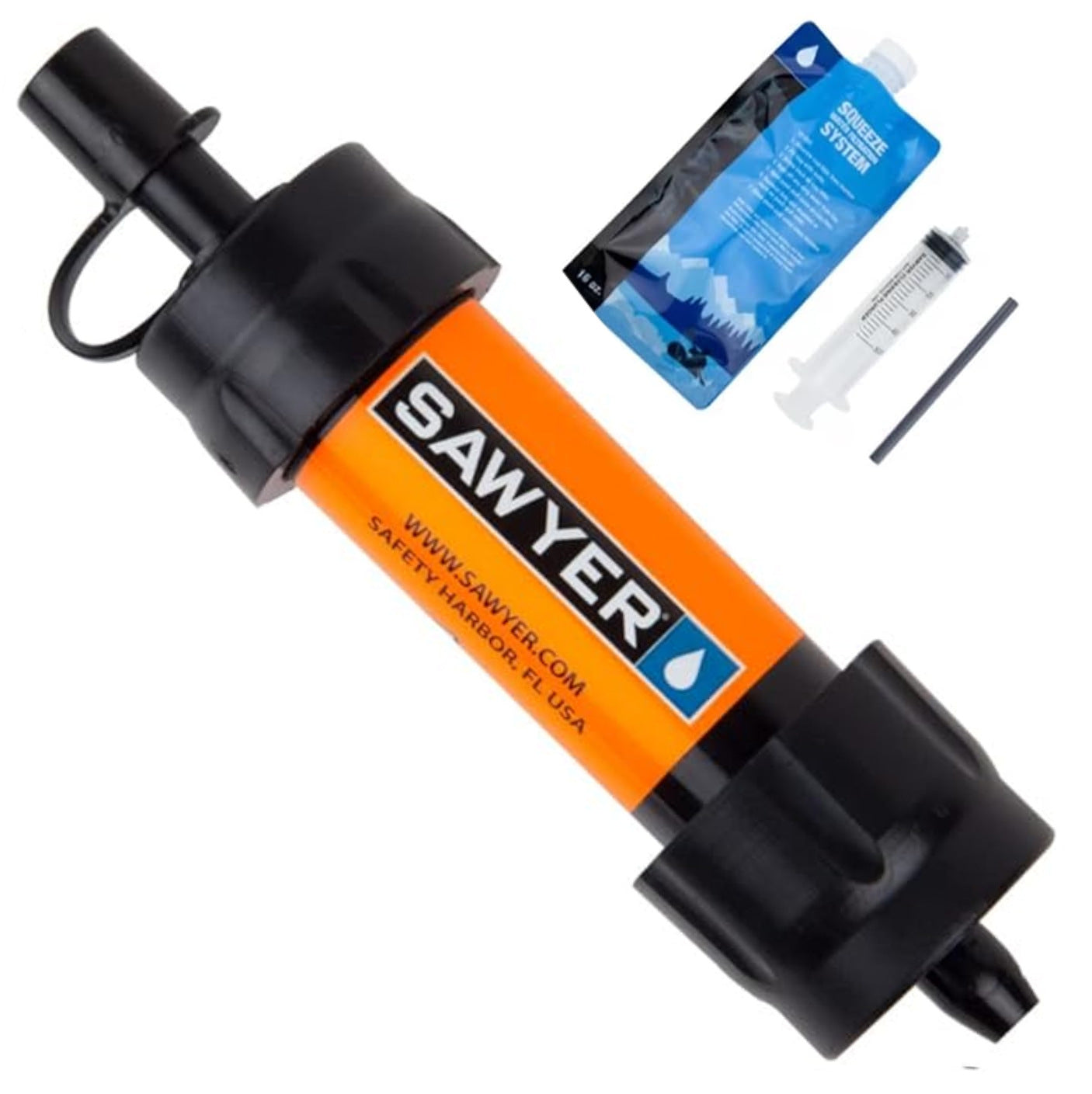 Sawyer water filter with packaging and syringe on a white background