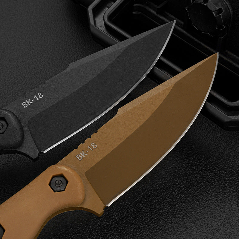 Two folding knives with black and brown handles on a textured black background