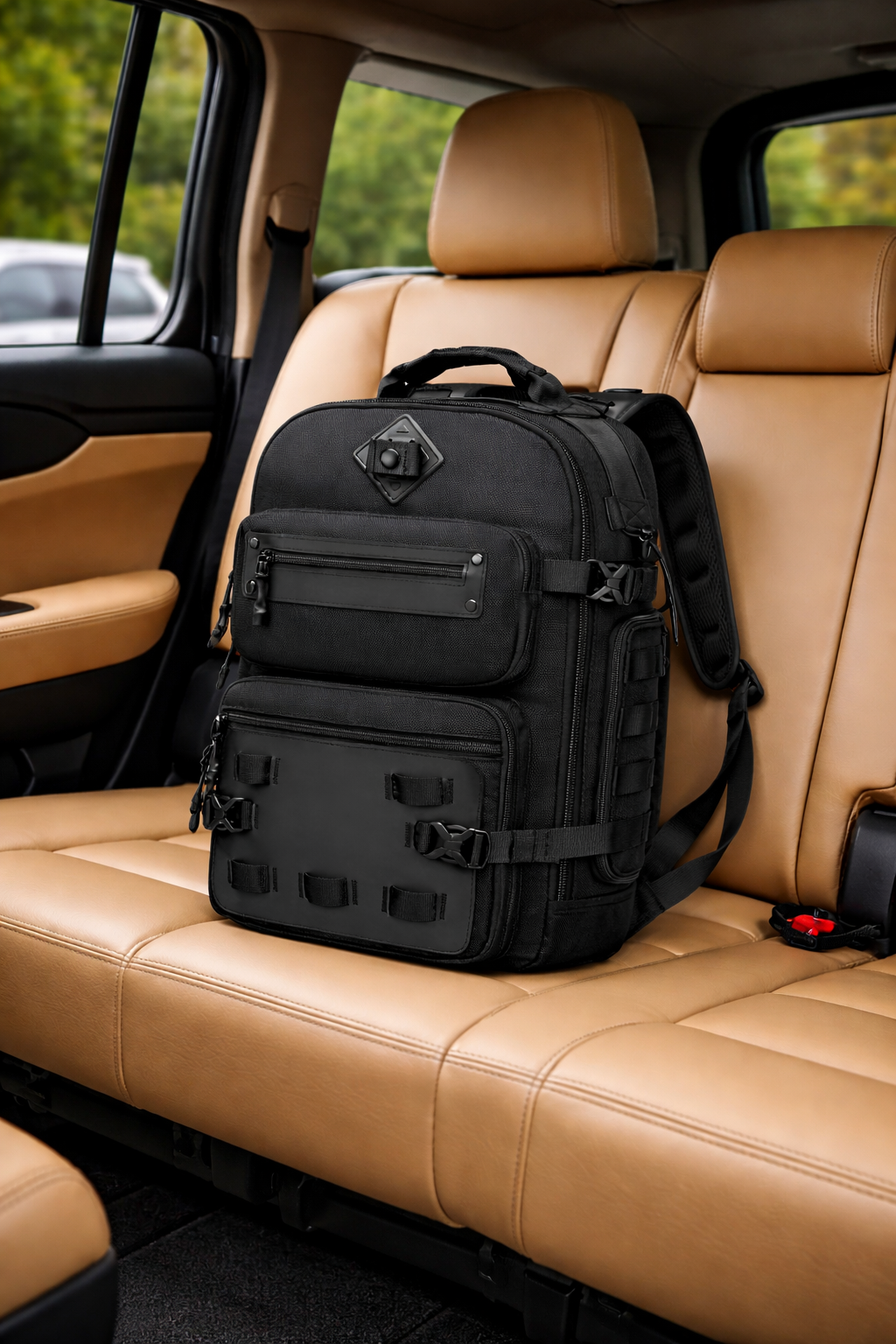Black backpack on a beige car seat