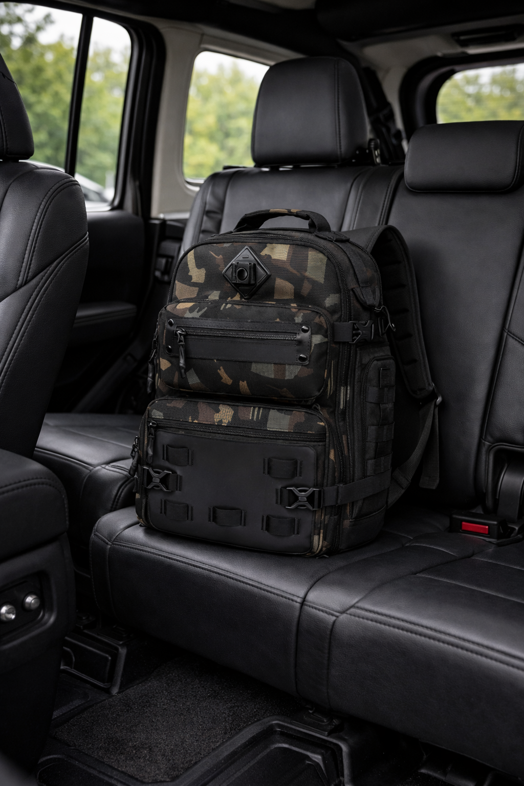 Camouflage backpack on a black leather car seat