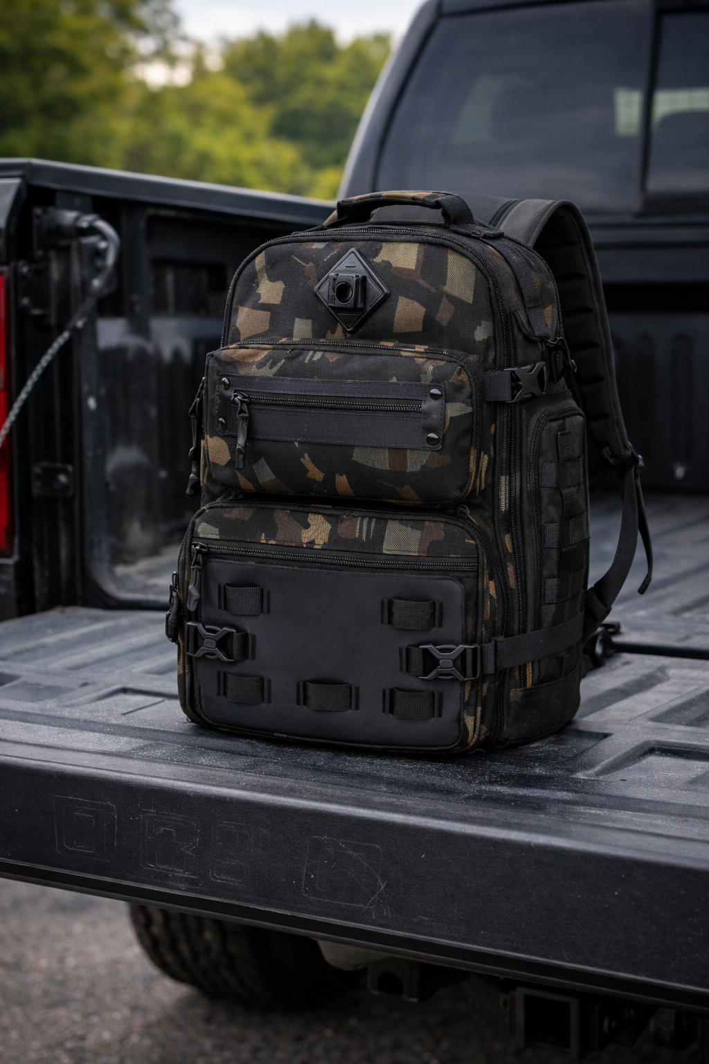 A camouflage backpack setting on a truck bed with trees in the background