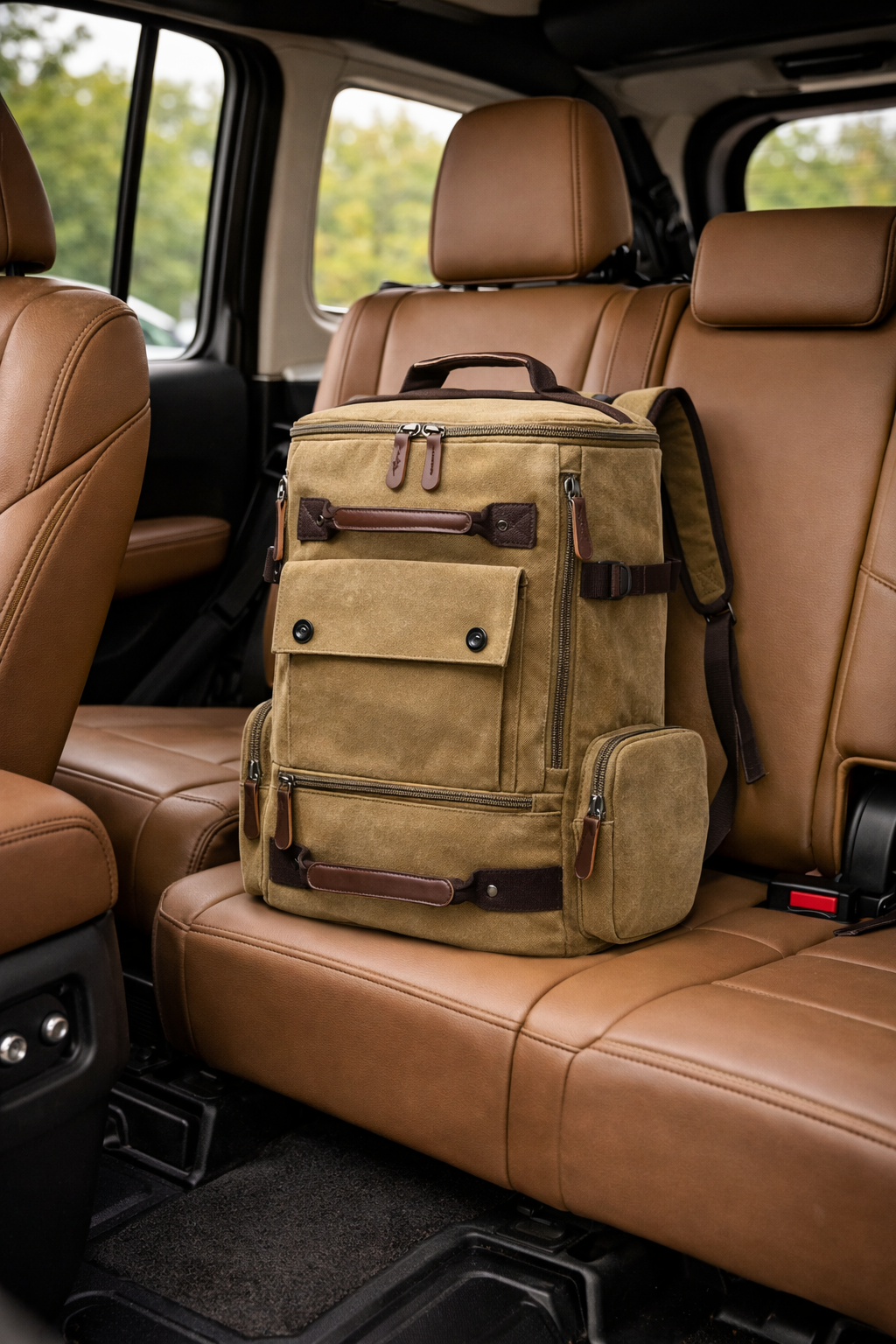 Brown leather backpack on a brown leather seat inside a vehicle