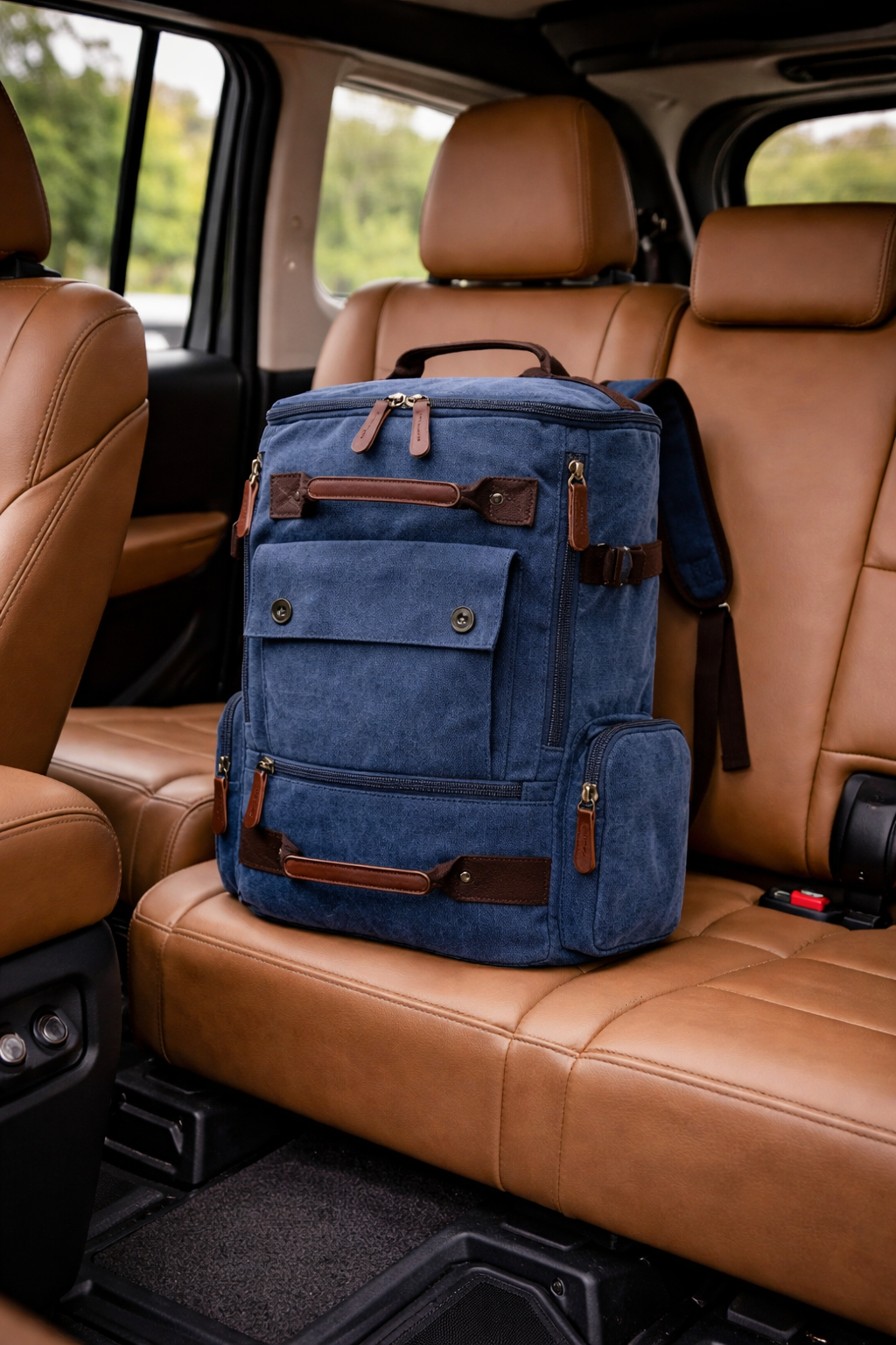 Blue backpack with brown accents on a car seat