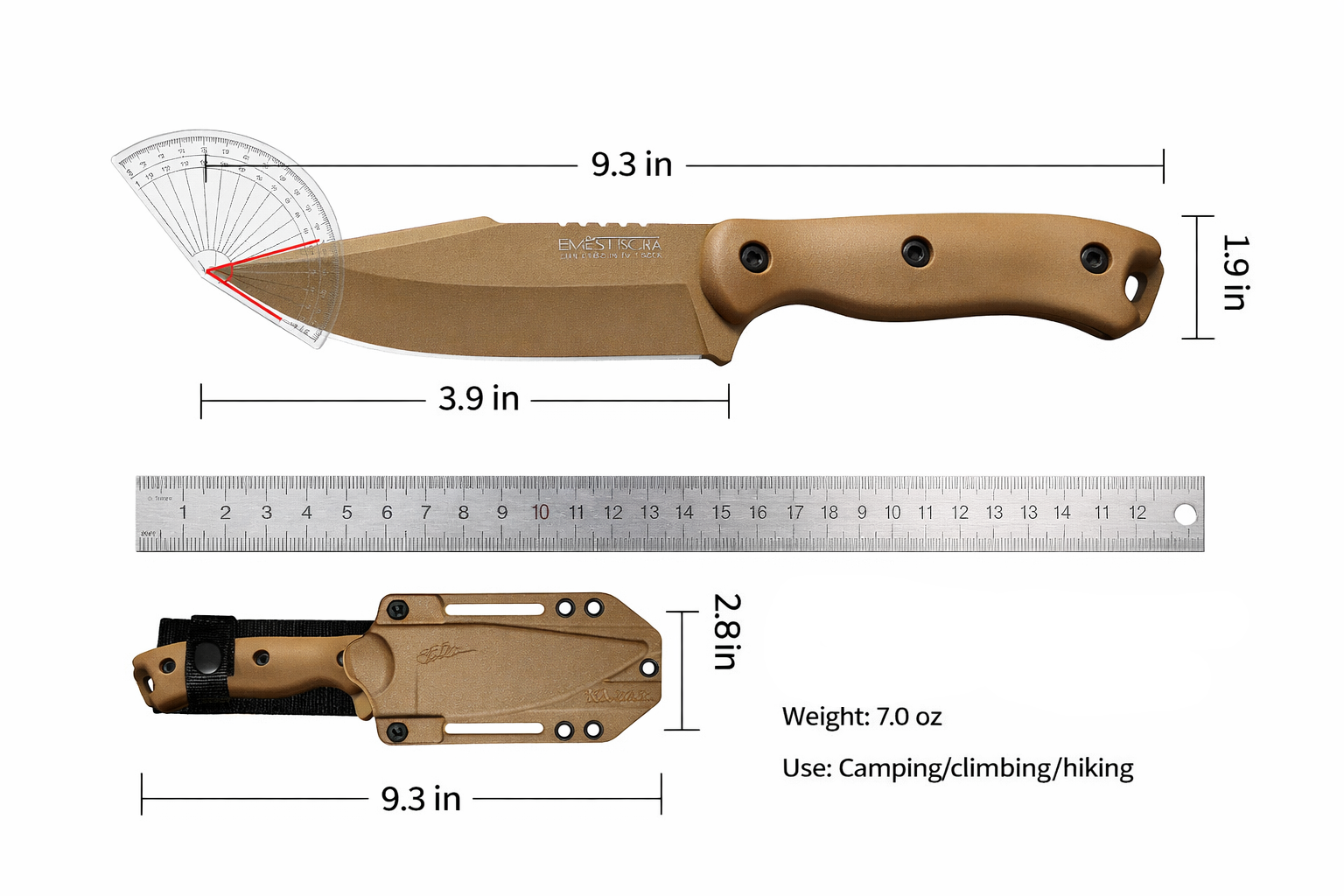Measurement chart of a portable outdoor straight knife with dimensions and specifications.