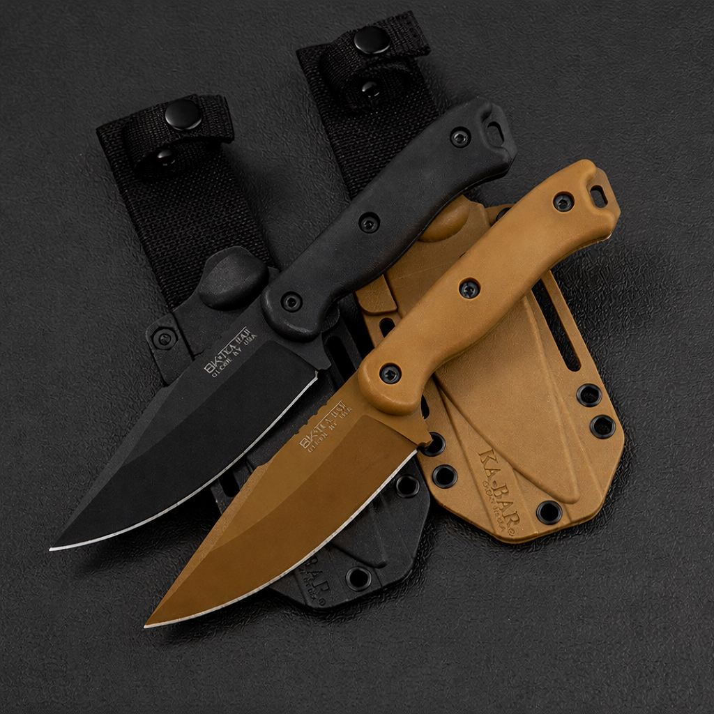 Two folding knives with black and brown handles on a dark background