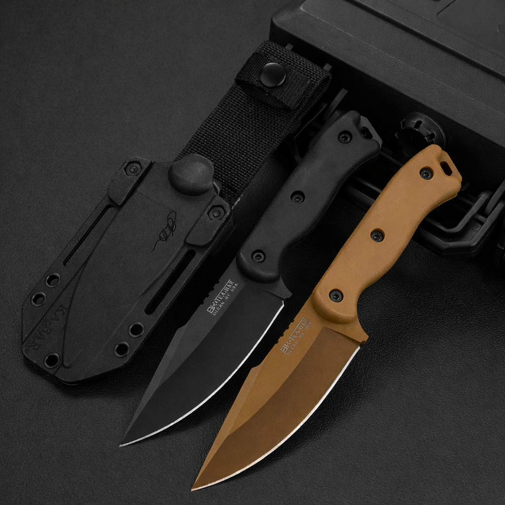 Two folding knives with black and brown handles on a dark background