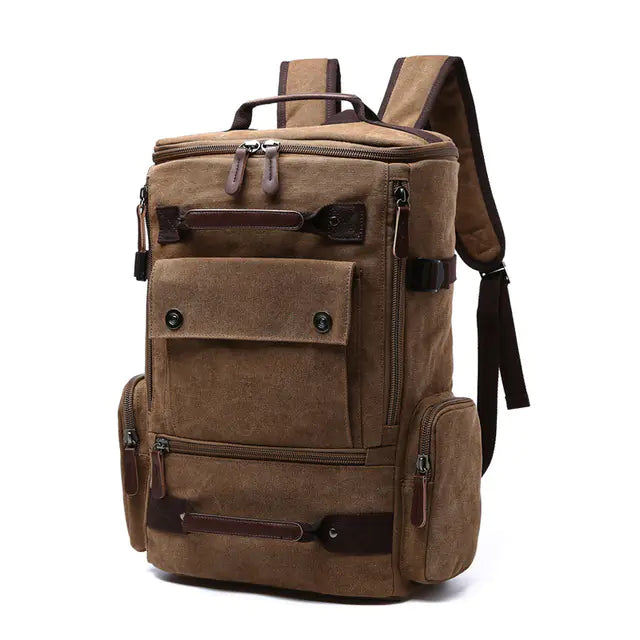 Brown backpack with multiple pockets and straps on a white background