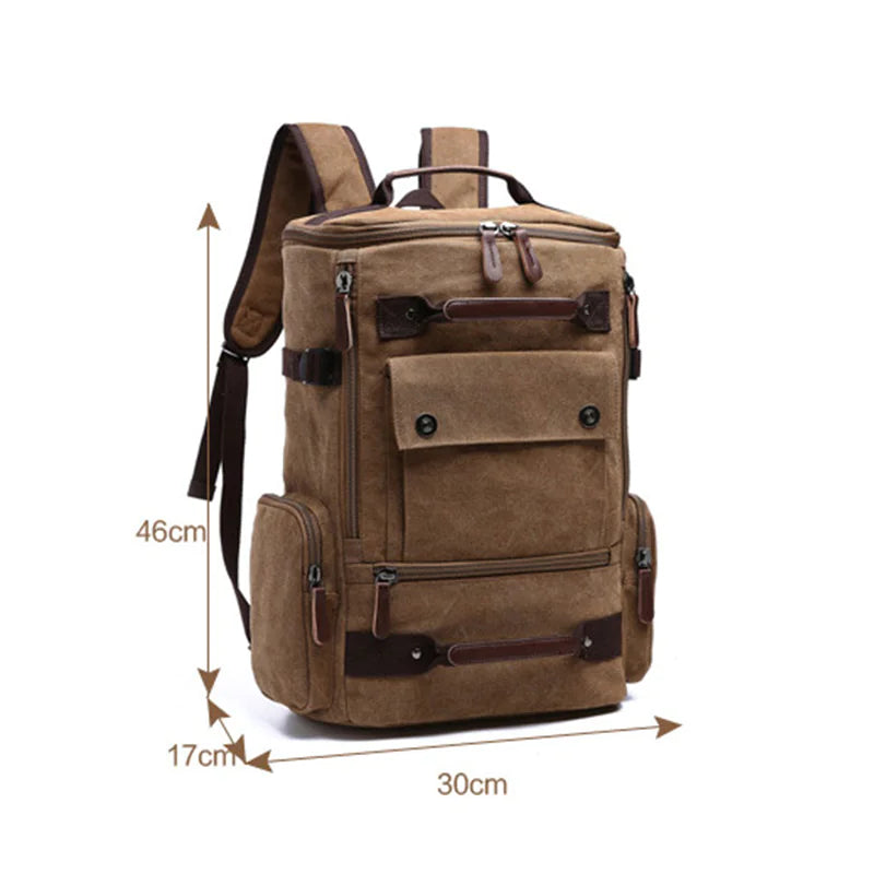 Brown backpack with measurements on a white background