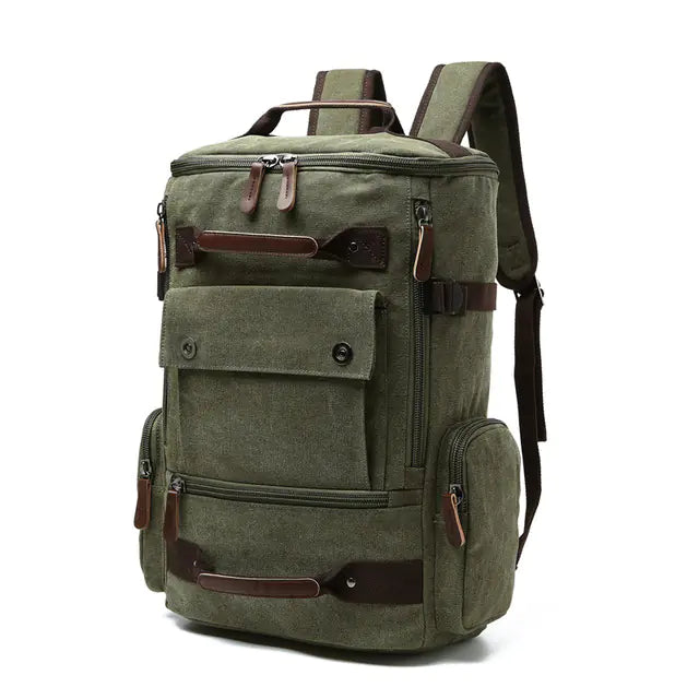 Green backpack with brown accents on a white background