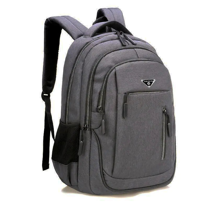 Gray backpack with multiple pockets and a brand logo on a white background