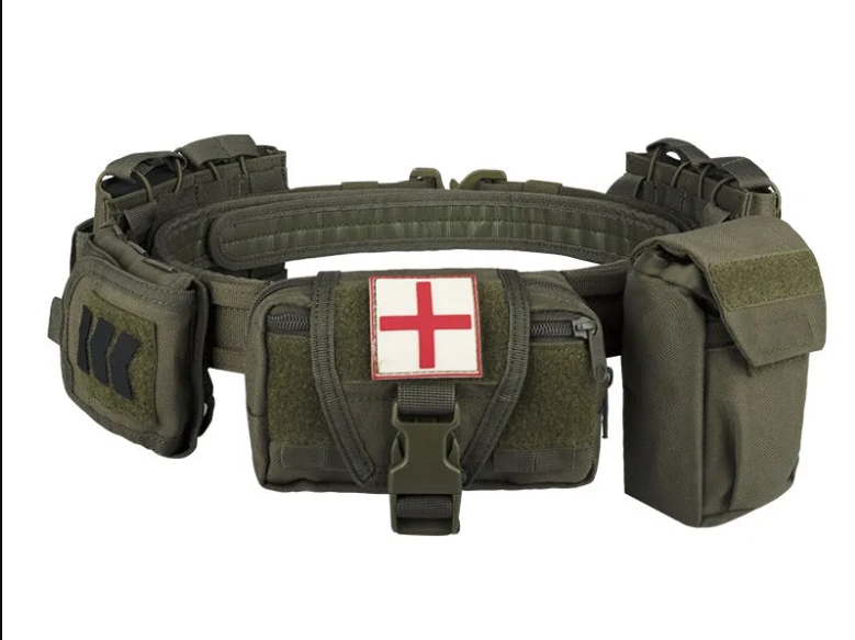 Green tactical belt with pouch and red cross patch on a white background