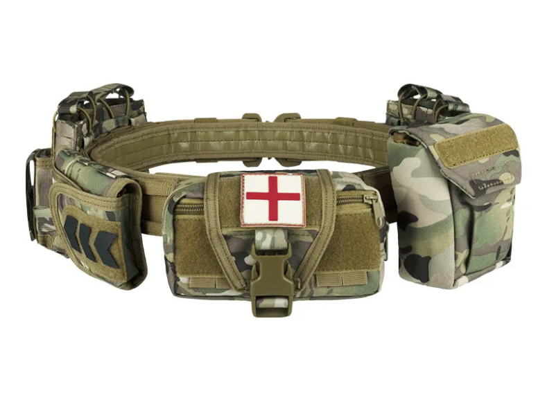 Multicam tactical belt with medical patch on a white background