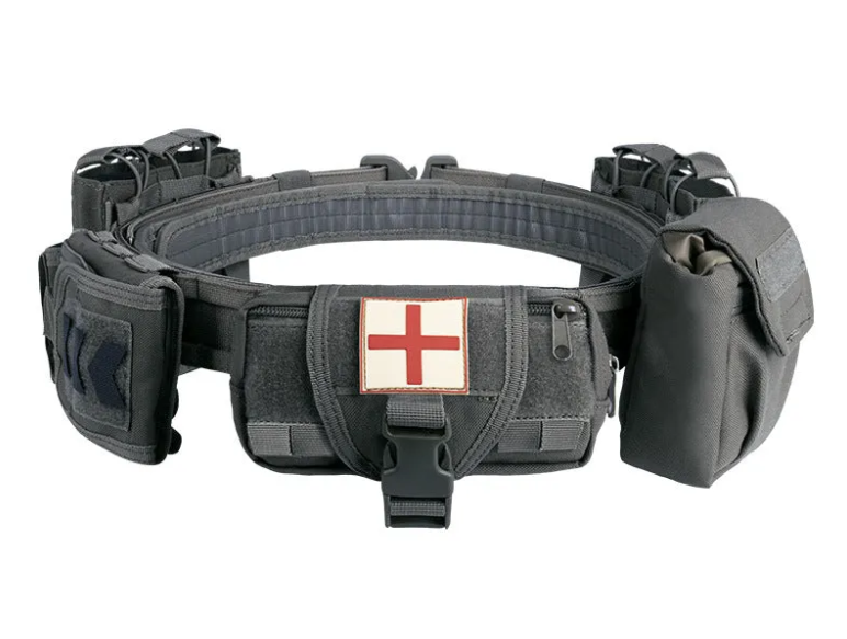 Tactical belt with pouches and a red cross patch on a white background