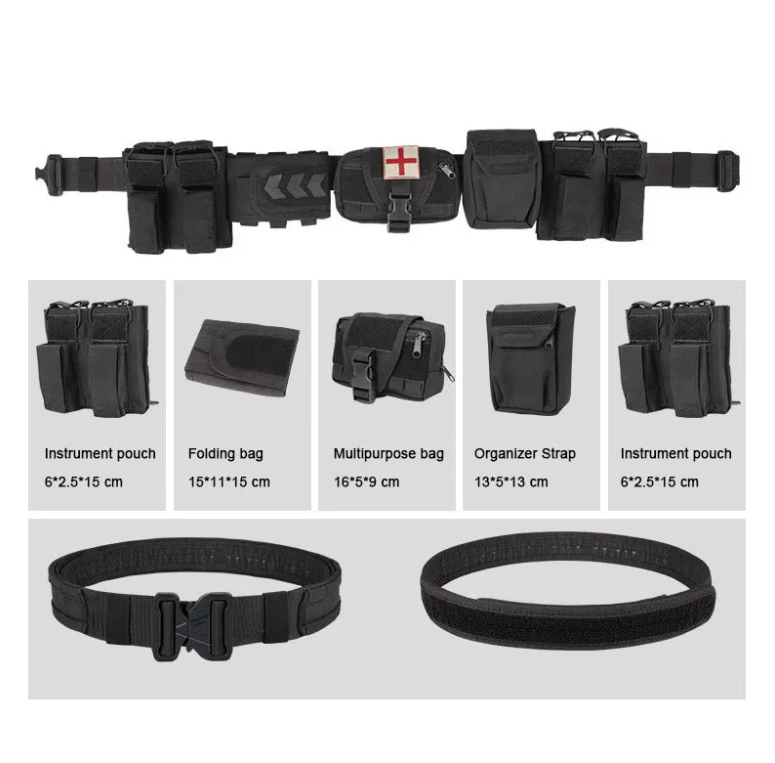 Black tactical belt with detachable pouches and straps on a white background