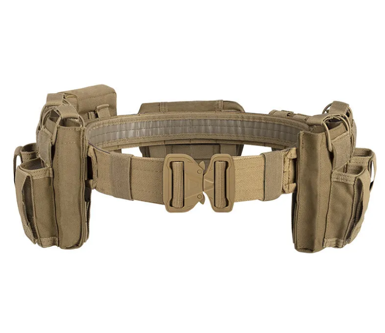 Tan tactical belt with multiple pouches on a white background