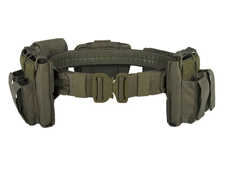 Olive green tactical belt with multiple pouches on a white background