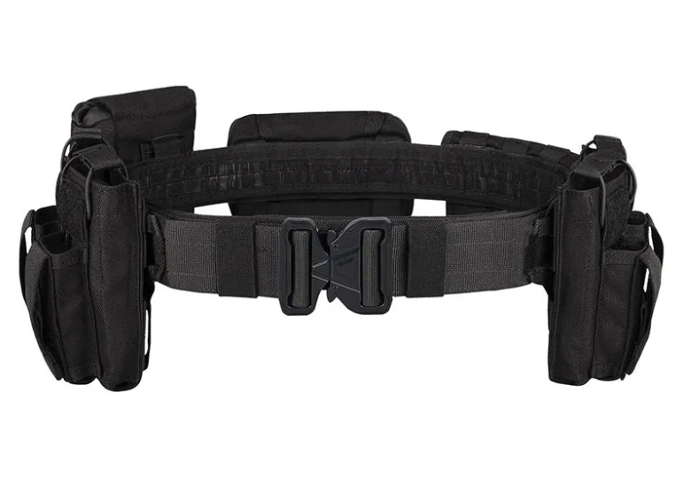 Black tactical belt with multiple pouches on a white background