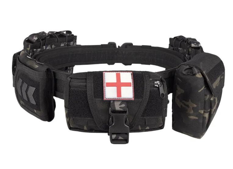 Black tactical belt with pouches and a red cross patch on a white background
