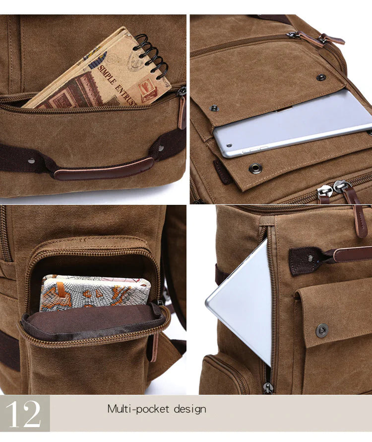 Brown backpack with multiple pockets and compartments, showing its multi-pocket design.