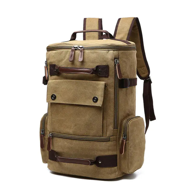 Brown backpack with leather accents on a white background