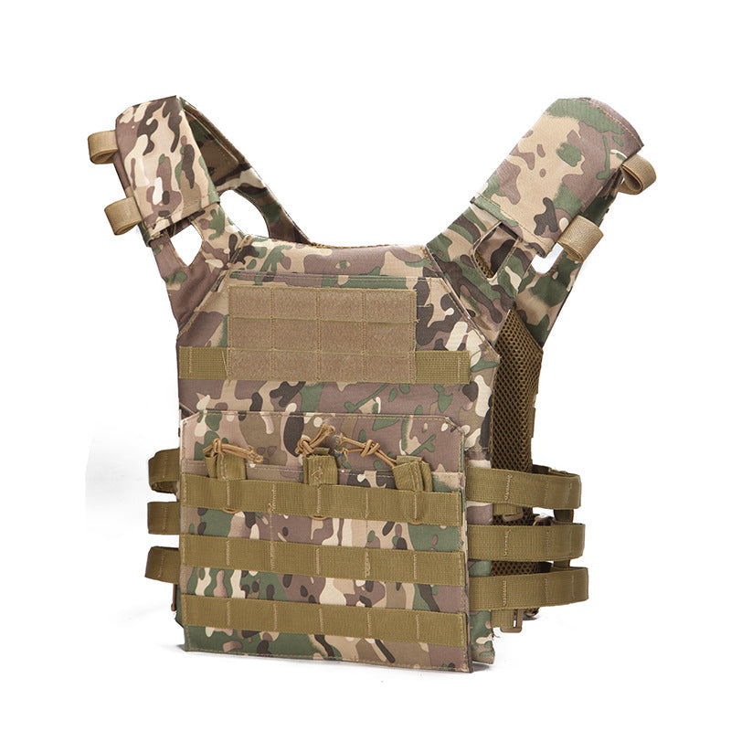 Camouflage tactical vest with multiple pouches on a white background