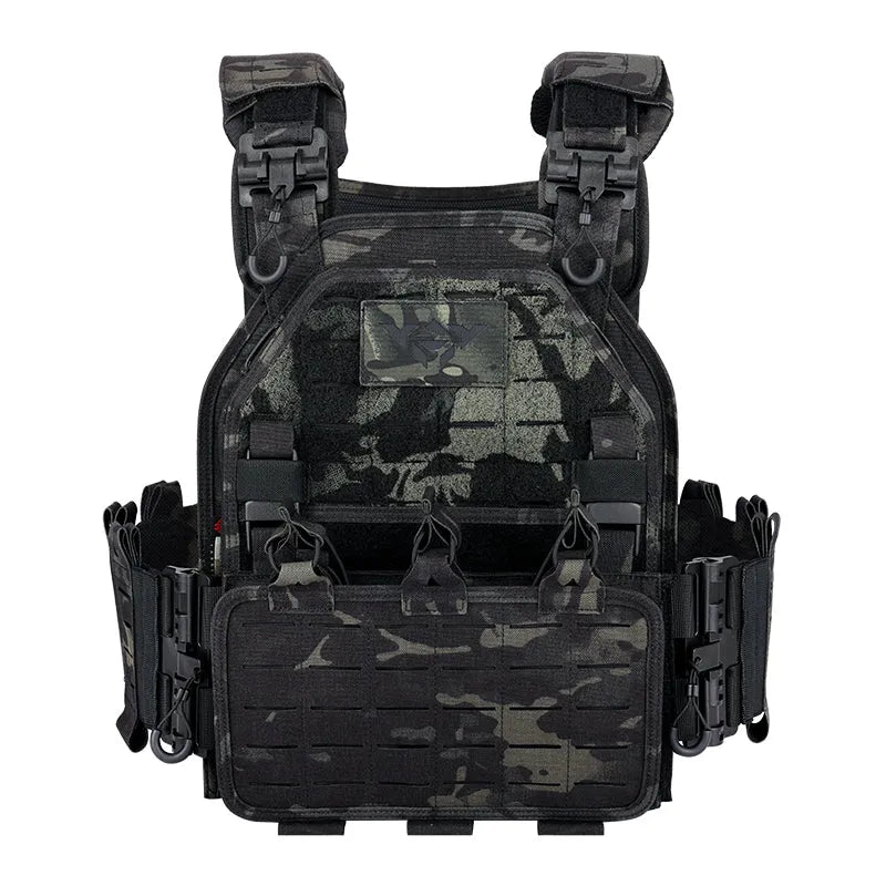 Black tactical vest with camouflage pattern on a white background