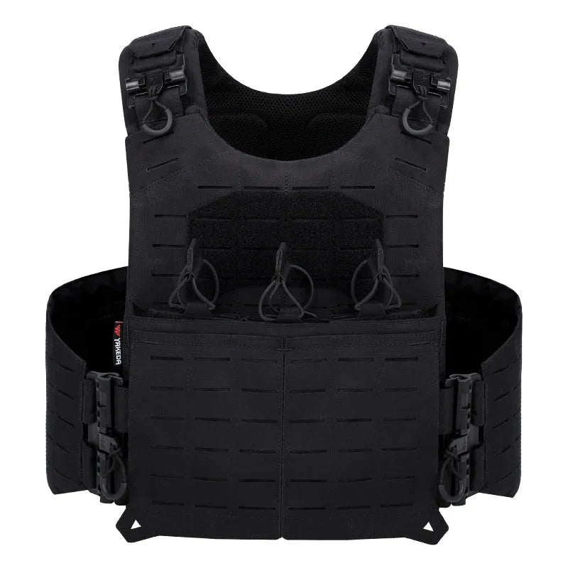Black tactical vest with multiple straps and a belt on a white background