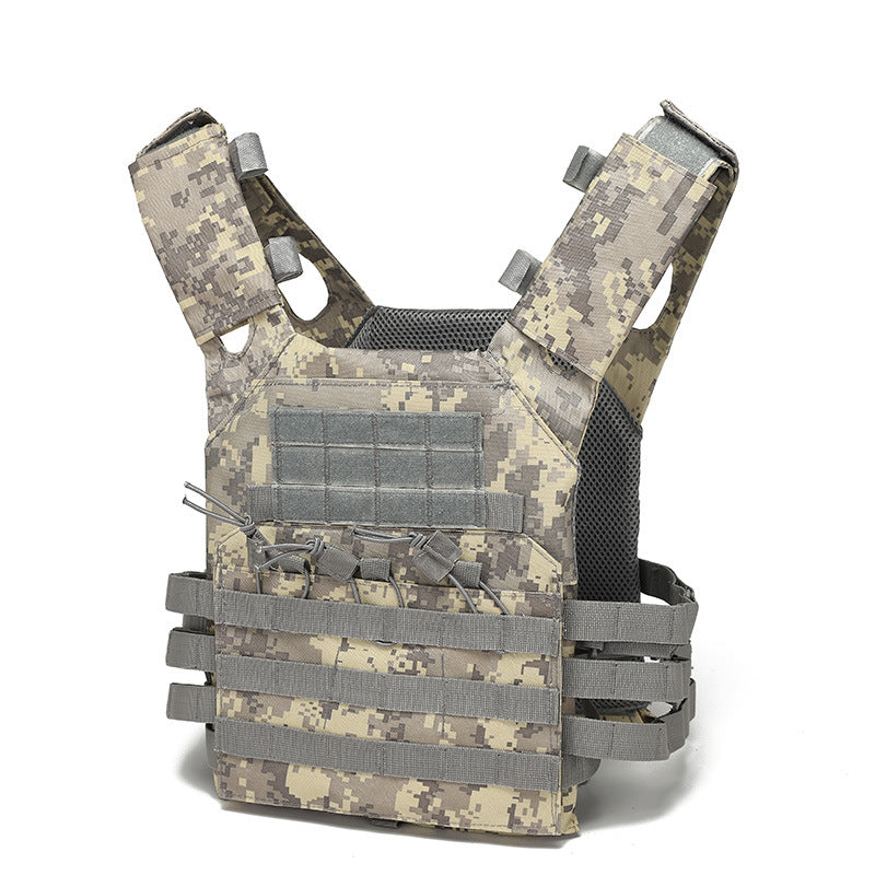 Camouflage tactical vest with multiple straps on a white background