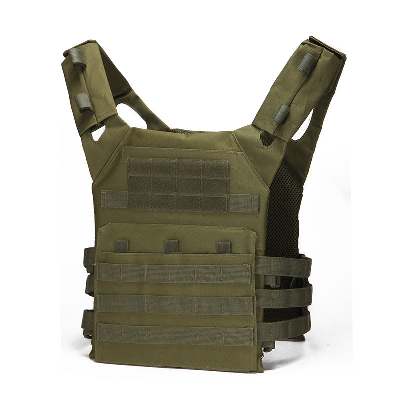 Green tactical vest with multiple pouches on a white background