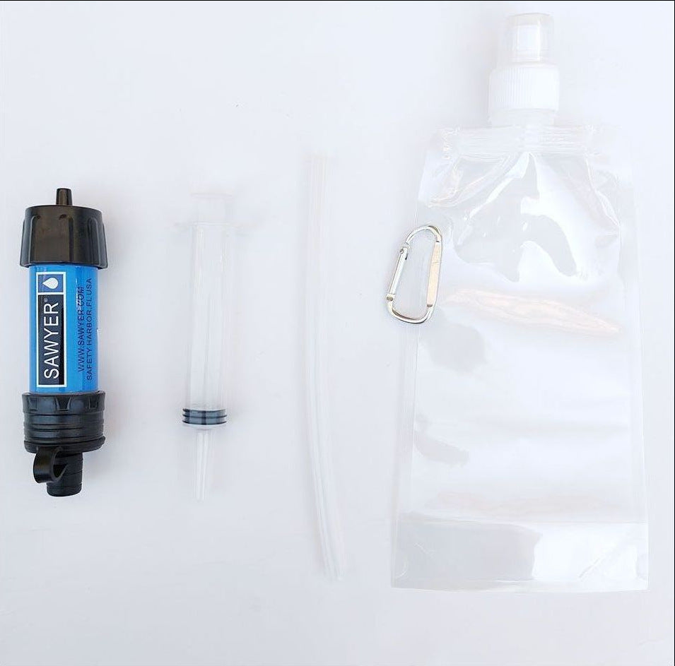 Sawyer water filter pump with a clear water bottle on a white background