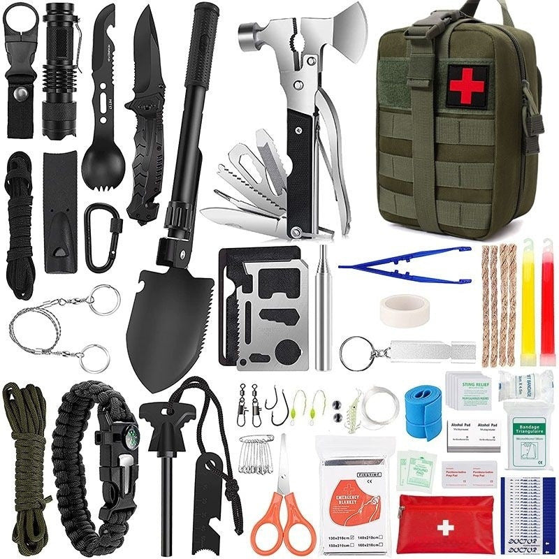 Collection of survival tools and equipment on a white background
