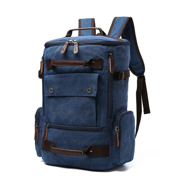 Blue backpack with brown accents on a white background