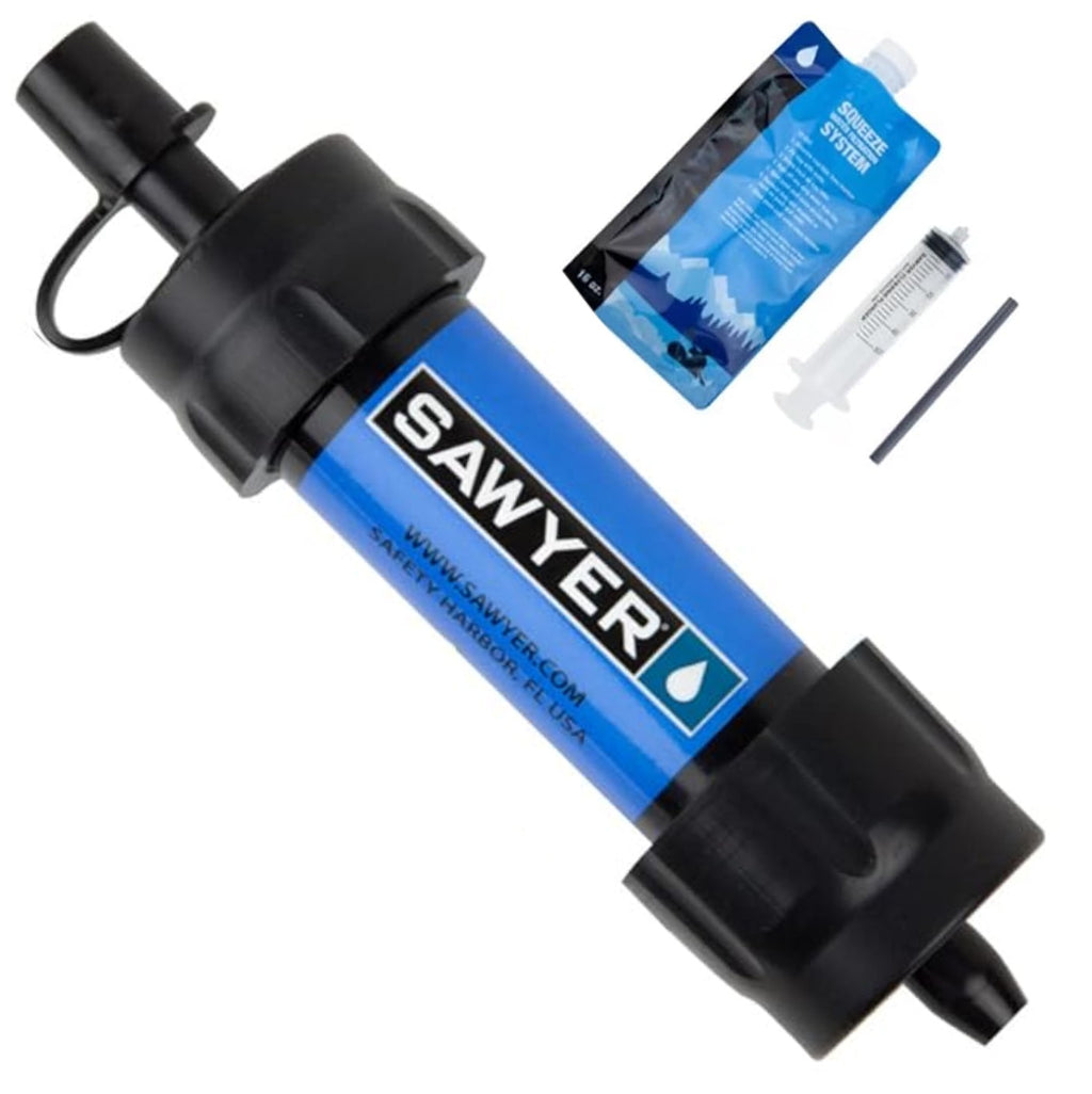Sawyer water filter with packaging and syringe on a white background