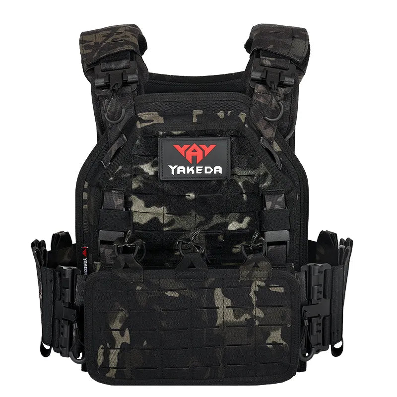 Black tactical vest with camouflage pattern and Yakeda logo on a white background