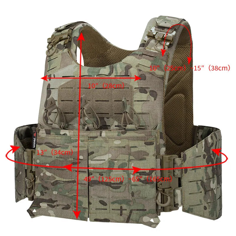 Camouflage tactical vest with measurement markings on a white background, featuring the Yakeda brand.